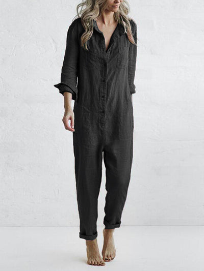 Casual Long-Sleeve Button Jumpsuit