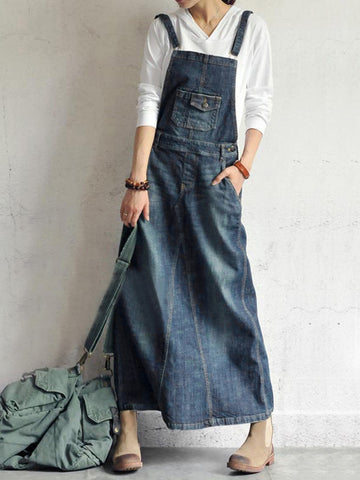 Vintage-Inspired Back Slit Denim Overall Dress