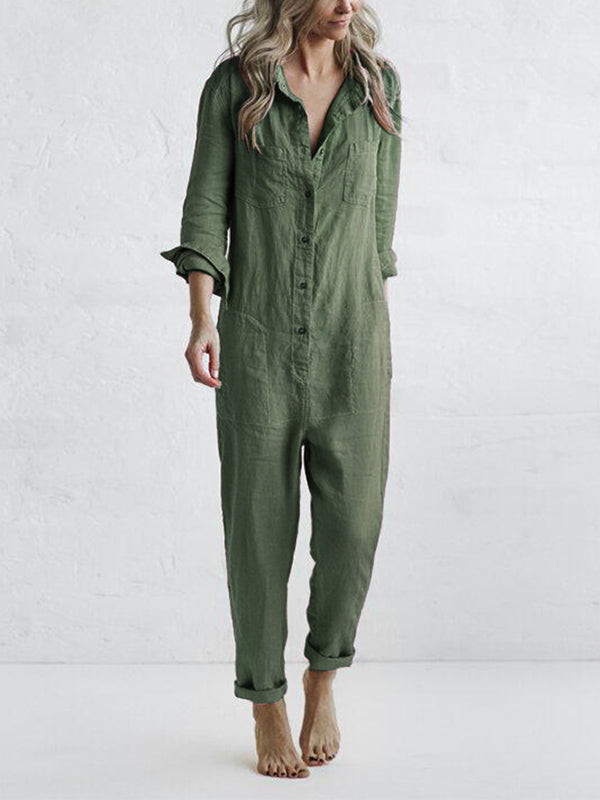 Casual Long-Sleeve Button Jumpsuit