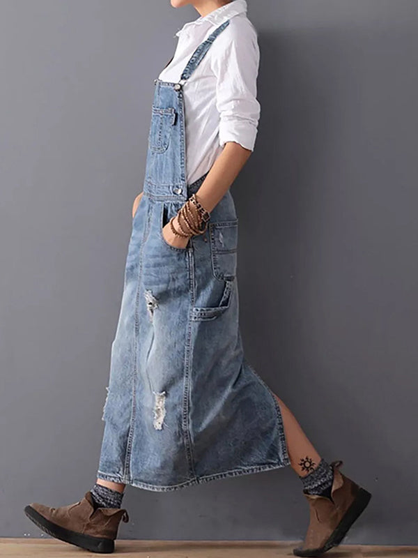 Vintage-Inspired Back Slit Denim Overall Dress