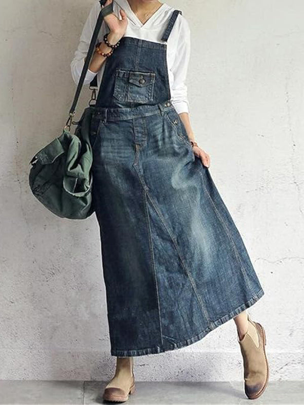 Vintage-Inspired Back Slit Denim Overall Dress