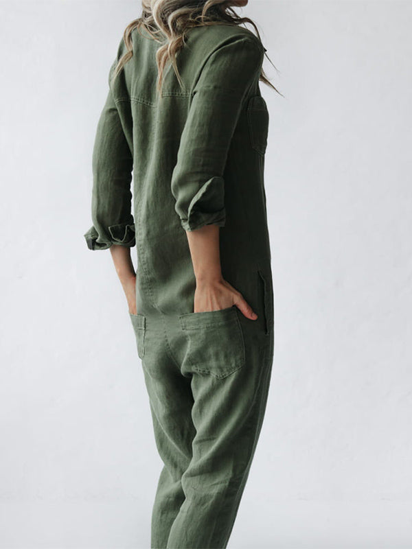 Casual Long-Sleeve Button Jumpsuit