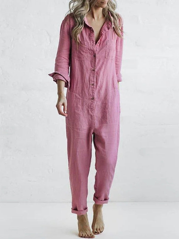 Casual Long-Sleeve Button Jumpsuit