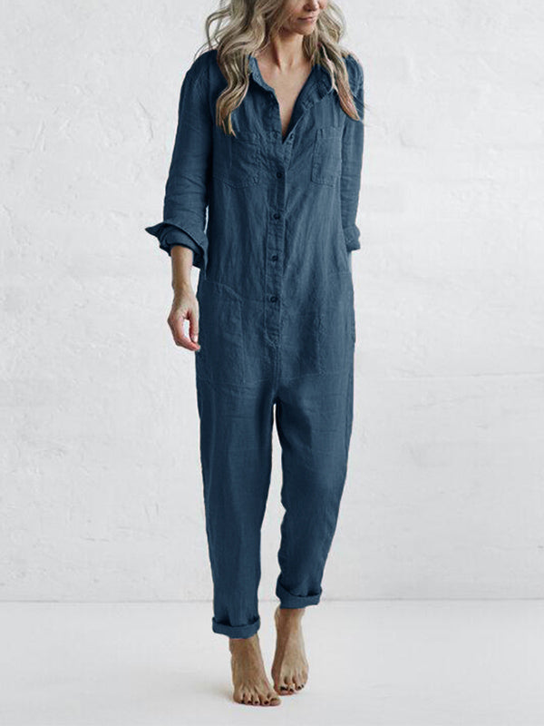 Casual Long-Sleeve Button Jumpsuit