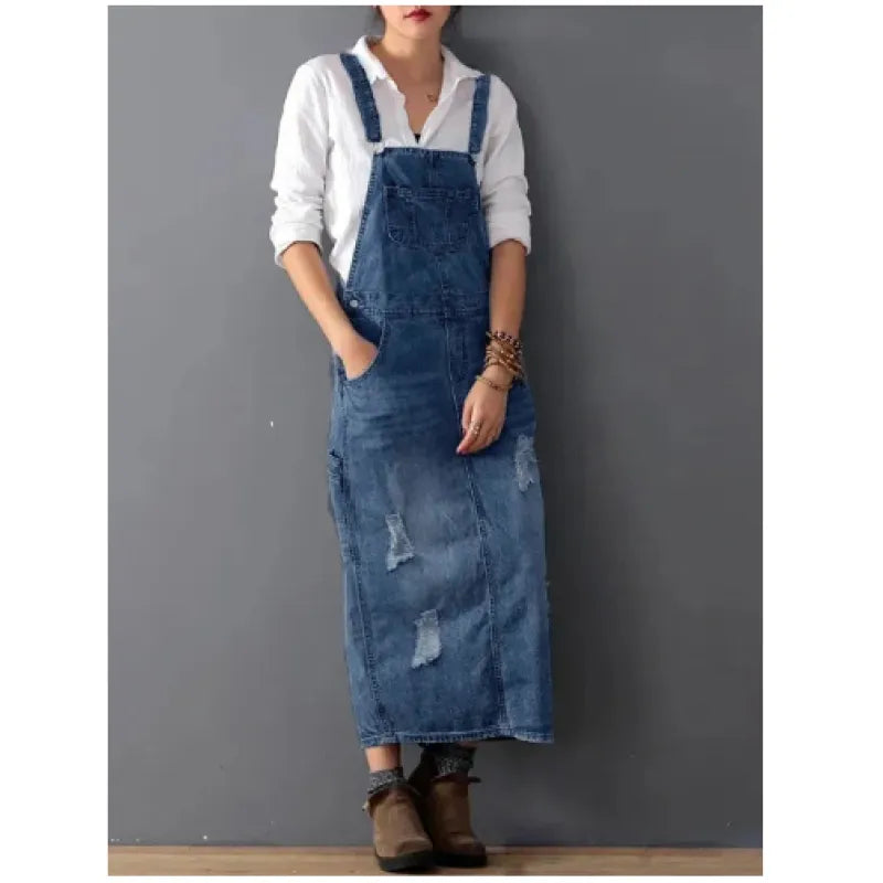 Vintage-Inspired Back Slit Denim Overall Dress